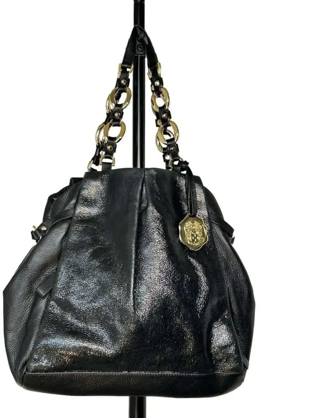 Vince Camuto Black Pebbled Leather Hobo Shoulder Bag with Gold-Tone Chain Link D